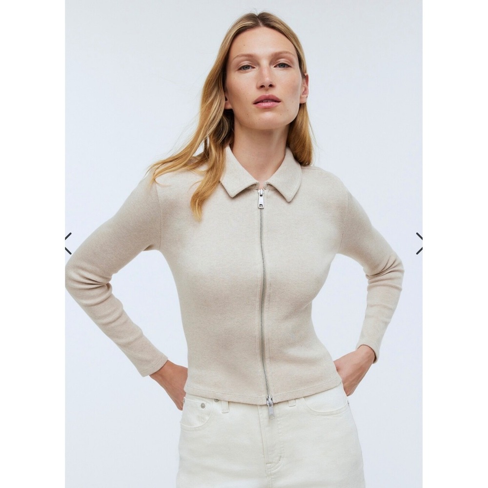 Madewell Large Oatmeal Beige 100% Cotton Zip Front Polo Sweater Ribbed Knit